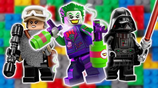 Lego games: Lego minifigures of Jyn Erso, The Joker, and Darth Vader, all with white outlines pasted on a background of blurred colourful Lego bricks.