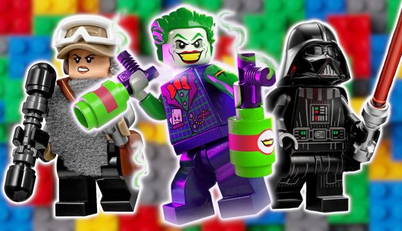 Lego games: Lego minifigures of Jyn Erso, The Joker, and Darth Vader, all with white outlines pasted on a background of blurred colourful Lego bricks.