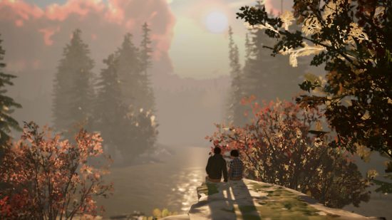 Life is Strange 2 review: Sean and Daniel Diaz sit side by side on top of a large grey rock, looking over the landscape ahead of them. The sun is setting on a state park with tall autumn trees and a river flowing past.