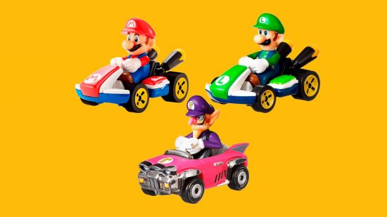 Mario Kart Hot Wheels: three karts are visible, each with a different mario kart character in them