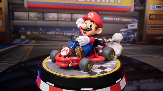 Mario Kart statue: a photograph shows a high-quality 9" statue of Mario riding a kart, based on his appearance from the 1992 game Mario Kart