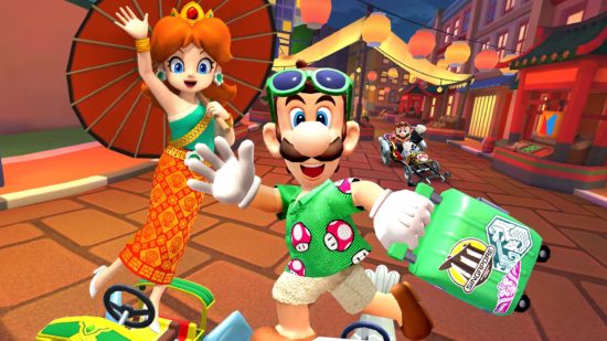Screenshot of Luigi and Daisy in Singapore for the Mario Kart Tour winter tour news