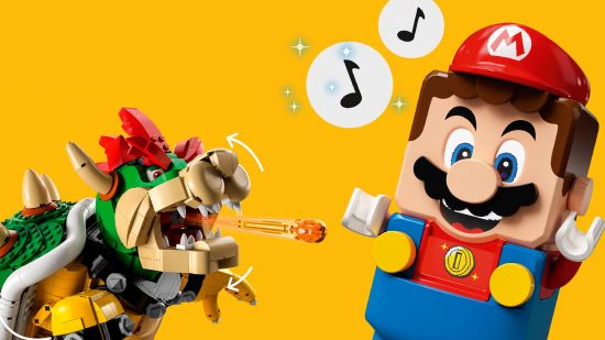 Mario Lego: Lego sets based on Mario and Bowser are visible against a yellow background