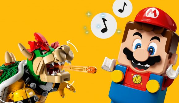 Mario Lego: Lego sets based on Mario and Bowser are visible against a yellow background