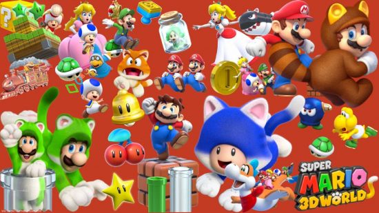 Mario wallpapers: a wallpaper shows several transformations and suits from Super Mario 3D World
