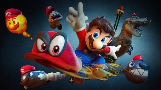 Mario wallpapers: key art from Super Mario Odyssey shows Mario jumping into the air and throwing Cappy the hat