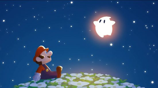 Mario wallpapers: an illustration shows Mario sat on a planet in space, sat next to a Luma from Super Mario Galaxy