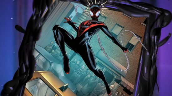 Screenshot of Miles Morales' Spider-Man swinging by for Marvel Snap cards guide