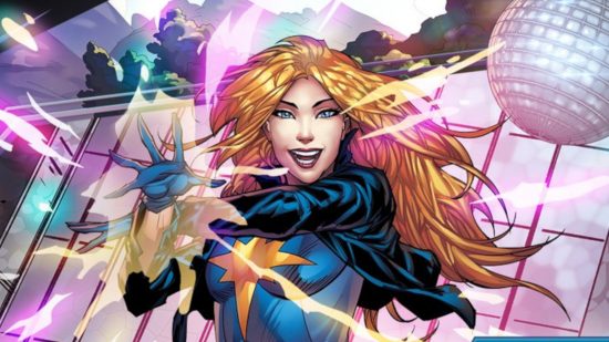 Marvel Snap collection level: A close-up of the card art for Dazzler, featuring a blonde woman in a blue superhero costume smiling, with a disco ball to her right.