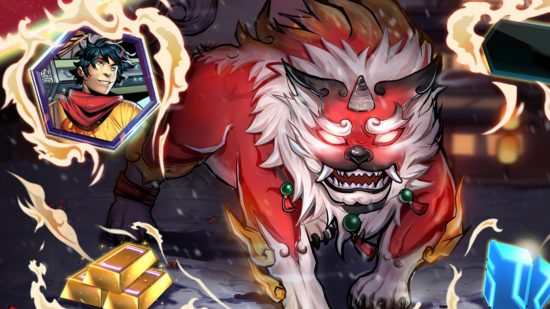 Marvel Snap Lunar New Year event: A close up graphic of Niam the lion, alongside the exclusive Sword Master profile picture, some gold, and some credits.