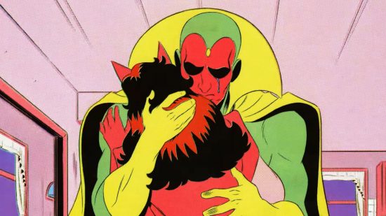 Screenshot from Marvel Snap promo video of Vision hugging Scarlett Witch for Marvel Snap prices feature