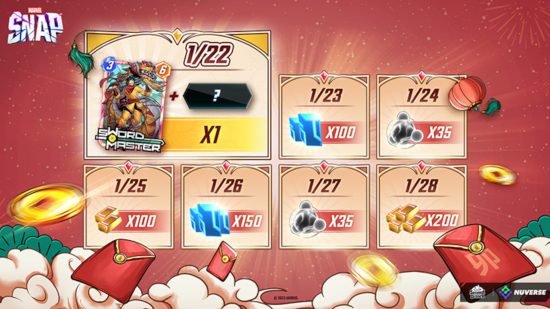 Marvel Snap Lunar New Year event: A graphic showing the rewards breakdown across the seven days of the Lunar New Year login campaign, featuring red envelope and gold coin motifs.