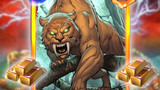 Marvel Snap revenue: The Zabu sabertooth tiger card from Marvel Snap pasted onto a blurred background of the Savage Lands key art. Next to it are two stacks of three gold bars.