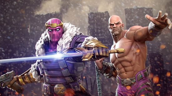 Two characters coming in the MCoC roadmap. On the left, a man with a red mask and big fur coat wielding a sword, on the right a topless muscular bald man with arms out and a chain in one hand.