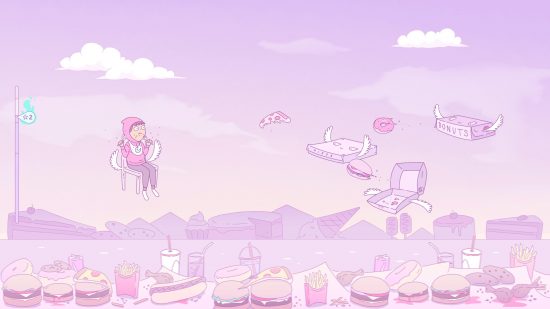 Melatonin review: A screenshot from the Food level of Melatonin, featuring the main character sitting in a flying chair opposite a flying pizza box, awaiting food.