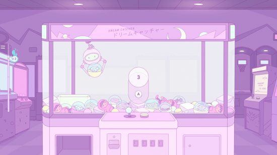 Melatonin review: A screenshot of the Desires level, featuring a crane machine in an arcade. The crane machine is full of plushies, including ones of the main character. There is also a button prompt oncreen counting down for the player to press A.