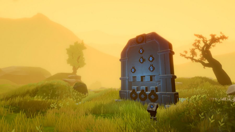 Memorrha: Screenshot of Memorrha on Switch, showing the player finding an anciet puzzle in a green field under a yellow sky.