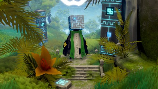 Memorrha Switch release: Screenshot of the player character from Memorrha surrounded by plants and ancient glowing statues.