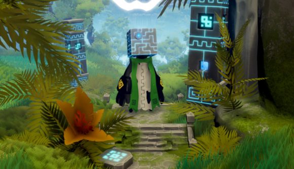 Memorrha Switch release: Screenshot of the player character from Memorrha surrounded by plants and ancient glowing statues.