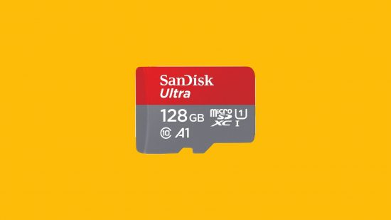 Micro SD card Switch - a micro SD card on a mango yellow background. This one is red and grey and says "SanDisk Ultra / 128GB MicroSDXC"
