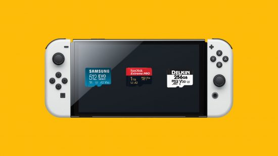 Micro SD Card Switch - a Nintendo Switch OLED model, screen off, controllers attached either side, on a mango yelloww background, with three Micro sd cards superimposed over the top.