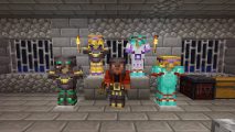 Minecraft armour trims: a screenshot from Minecraft shows several versions of different armours, all with different colour of trim on the armour