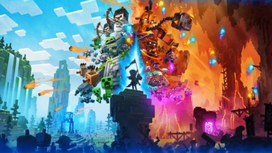 Minecraft Legends release date key art depicting a hero o a clif with two words either side of them