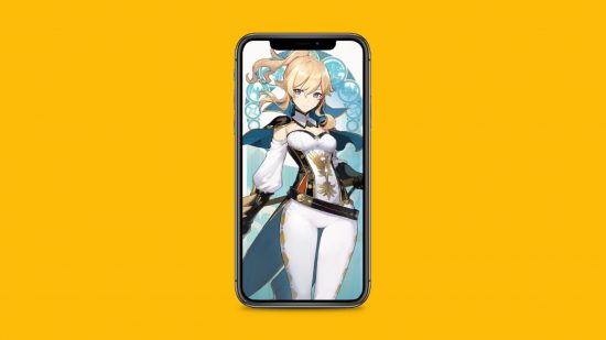 Mobile game spending - an iPhone on a mango yellow background with a wallpaper of a blonde woman in a white outfit.