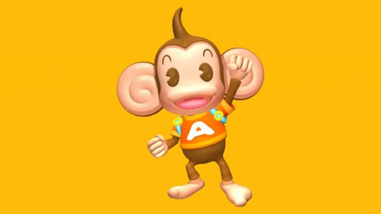 Monkey games: AiAI from Super Monkey Ball stands with an arm up in a triumphant pose, against a yellow background