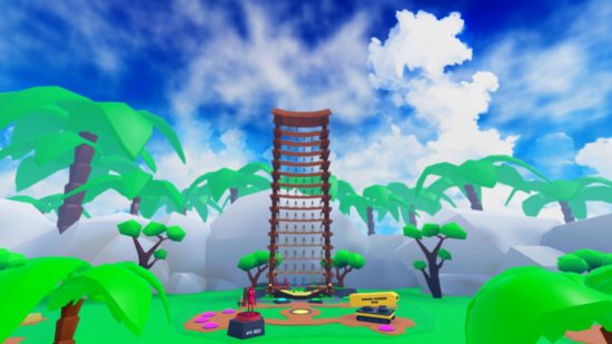 Monkey Tycoon codes - a giant tower in the middle of field surrounded by palm trees
