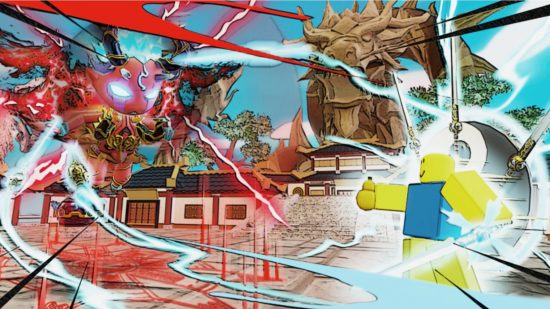 Monster Hunt Simulator codes: key art from the Roblox game Monster Hunt Simulator shows a Roblox avatar facing off against a large, red, horned enemy