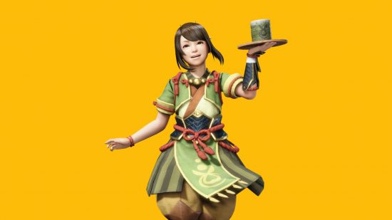 Monster Hunter Rise Xbox Cloud Gaming success header, showing a girl with a tray in hand with a teacup on it, superimposed onto a mango yellow background. She has a green outfit on, sort of forest-coloured and styled.