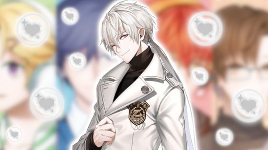 Mystic Messenger Zen: Zen's character model winking at the camera and outlined in white, pasted on a blurred background of four of the other boys. He is surrounded by grey hearts from the game outlined in white.
