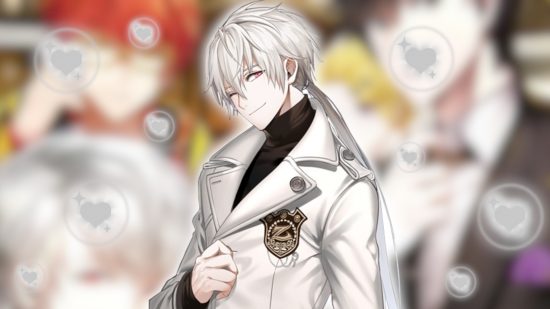 Mystic Messenger Zen: Zen's key art from the waist up pasted on a blurred background of all of the party guests. He is surrounded by grey hearts just like the ones you gain for him in the game.