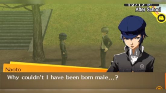 Persona 4 Naoto: A screenshot of Naoto expressing her desire to have been born a boy.