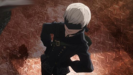 Nier Automata 9S: A screenshot of 9S from the Nier Automata anime, showing a view from above of him stood with his hands on his hips. He has short white hair and a black blindfold over his eyes.