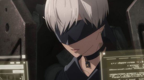 Nier Automata 9S: A screenshot of 9S from the Nier Automata anime showing him working on a futuristic computer. He has short white hair and a black blindfold covering his face.