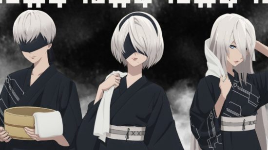 Nier Automata anime: Promotional image from Raku Spa showing 2B, 9S, and A2 in yukata.