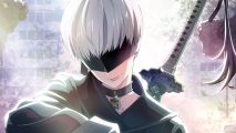 Nier Automata anime delay: Official artwork from the Nier anime of 9S facing the camera with his short white hair and black blindfold. He has a sword strapped to his back.