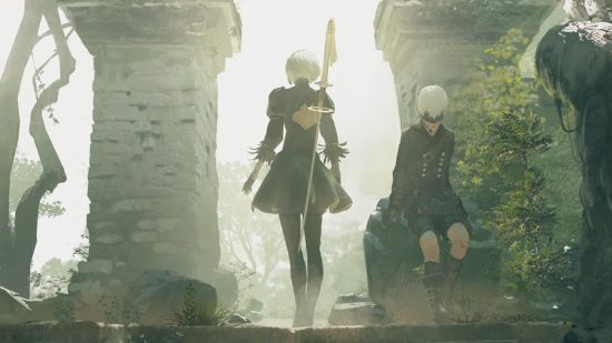 Nier Automata endings: 2B standing in a stone archway with her back to the camera. 9S is sat to her right.