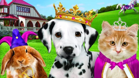 Nintendo DS developer message - from left to right, a rabbit in jester hat, a Dalmatian in a crown, and a ginger cat in a tiara and cape, on a background of a neon green grassy hill and a barn-like building.