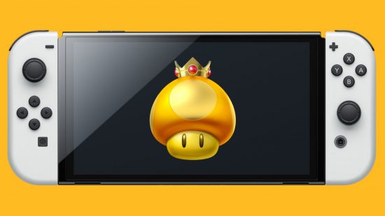 Custom image of a golden Mario mushcroom on a Nintendo Switch for Nintendo Switch achievements concept news