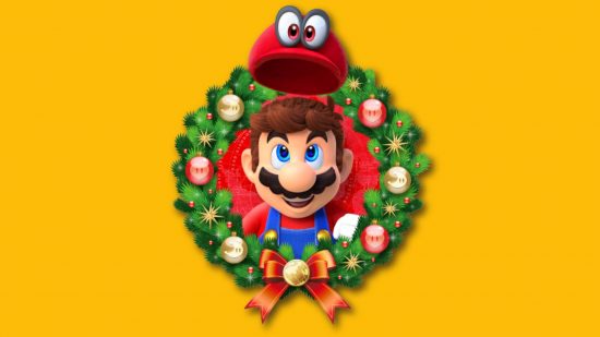 Nintendo Switch holiday game - a mango yellow background with Mario - a plumber with red top, blue dungarees, big moustache, and animate hat floating above his head with eyes on it, in a wreath for Christmas.