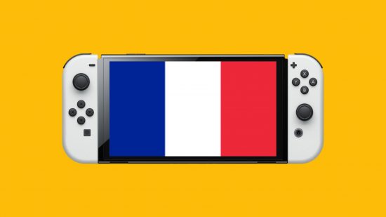 Nintendo Switch sales France - the Switch OLED with two white controllers attached either side and the French flag on its screen in the middle, superimposed on a mango yellow background.
