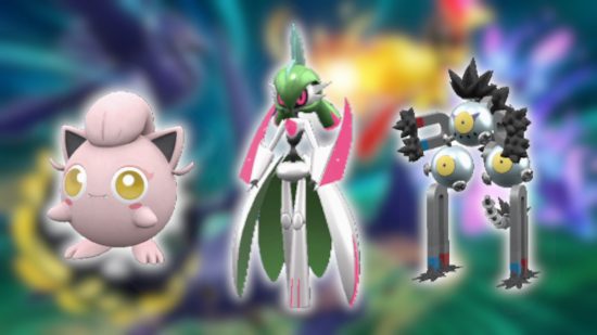 Paradox Pokémon in competitive: From left to right: Scream Tail (a past variant of Jigglypuff), Iron Valiant (a future variant of both Gallade and Gardevoir), and Sandy Shocks (a past variant of Magneton), all with white outlines, pastel on a blurred promotional image for Pokémon ranked battles season two.