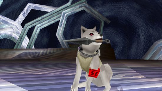 Persona 3 Switch review - A white dog in a coat holding a short blade