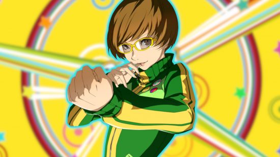 Persona 4 characters: Chie pasted onto a Persona 4 colourful background.