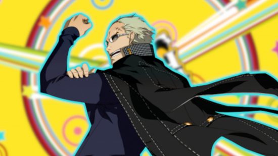 Persona 4-Charaktere: Kanji auf einem bunten Hintergrund von Persona 4 eingefügt.