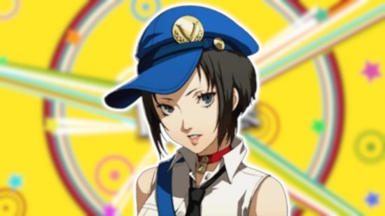 Persona 4 Marie: Marie from Persona 4 wearing a blue cap and white shirt with cut off sleeves on a blurred background of the Persona 4 yellow with various coloured lines and circles.