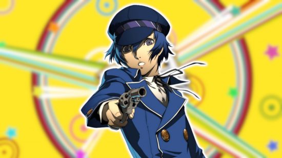 Persona 4 Naoto: Naoto aiming a gun at the camera wearing her blue jacket and flat cap. The background is the Persona 4 yellow with various circles and lines in bright colours.
